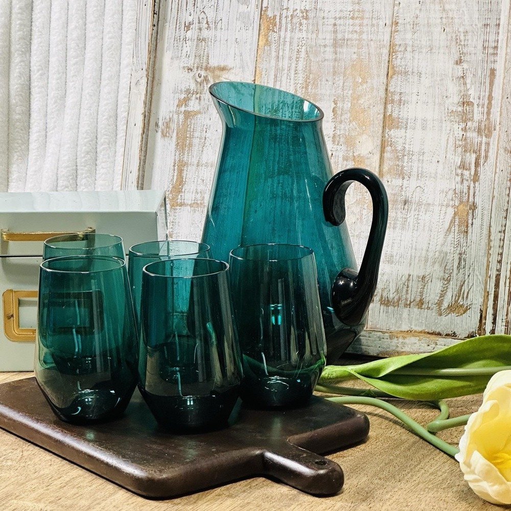 Kaj Franck Finland Teal Blue Glass Pitcher Nuutajarvi Iittala Modern Minimalist